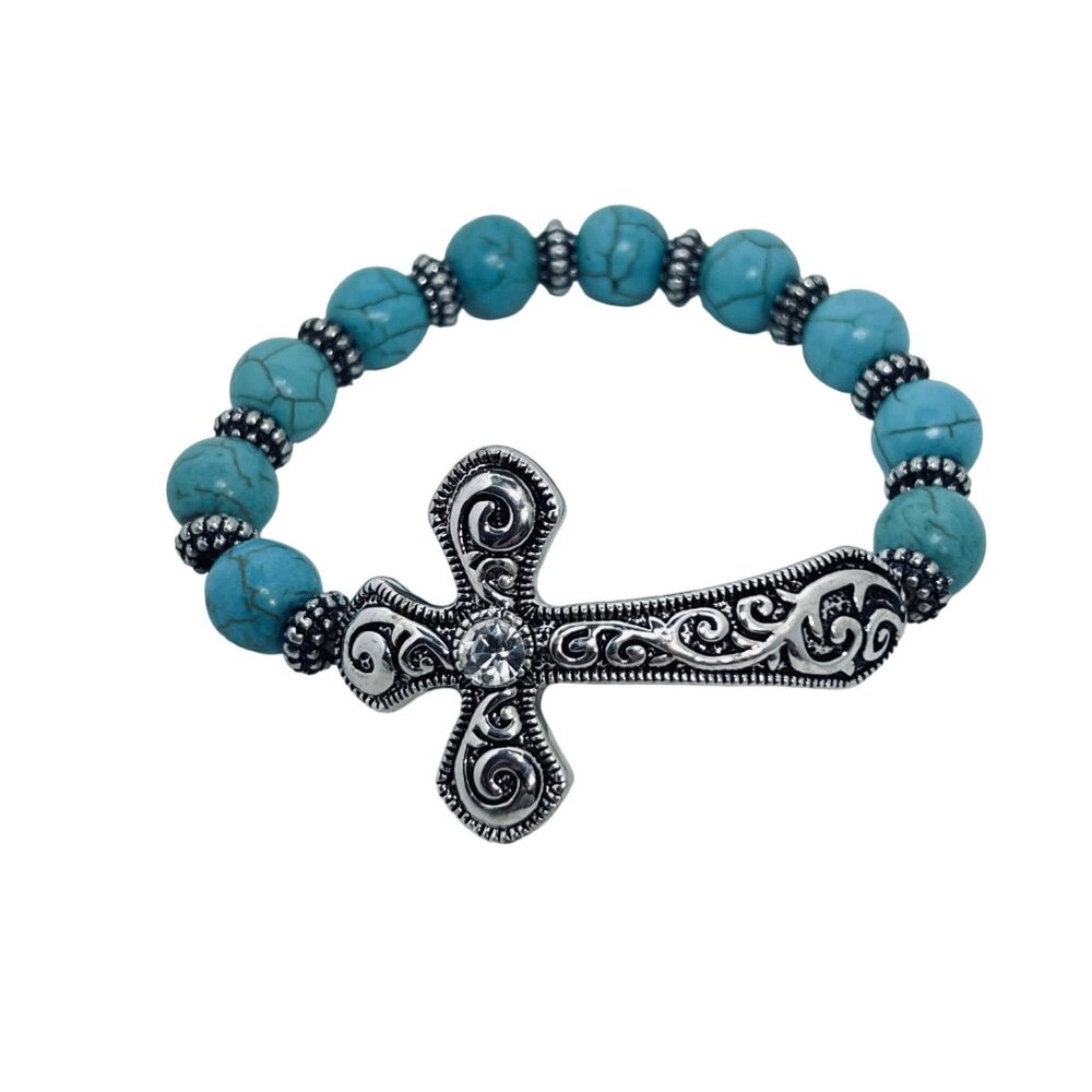 Silver Tone Faux Turquoise Beads & Clear Rhinestone Cross Stretch Bracelet (5496 - Picture 2 of 3